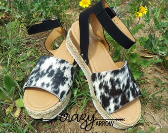 Black and white cowhide Wedge sandals
