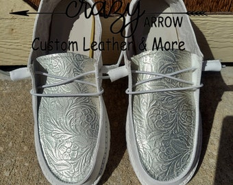 White and Silver Embossed Leather Custom shoes