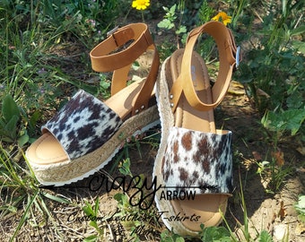 Brown and white cowhide Wedge sandals
