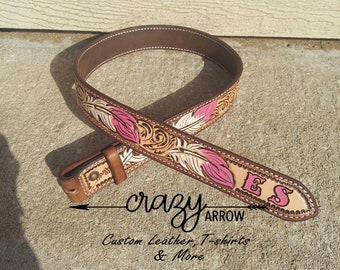 NWT PINK FEATHER HAND-TOOLED LEATHER WOMEN\'S BELT Pink feather Hand-Tooled Leather Women main image 3