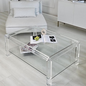 Table basse avec étagère en acrylique transparent fait main : design carré minimaliste