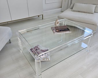 Przezroczysty stolik kawowy z akrylu: nowoczesny, dwupoziomowy mebel do salonu z pleksiglasu, minimalistyczny, prostokątny stolik centralny