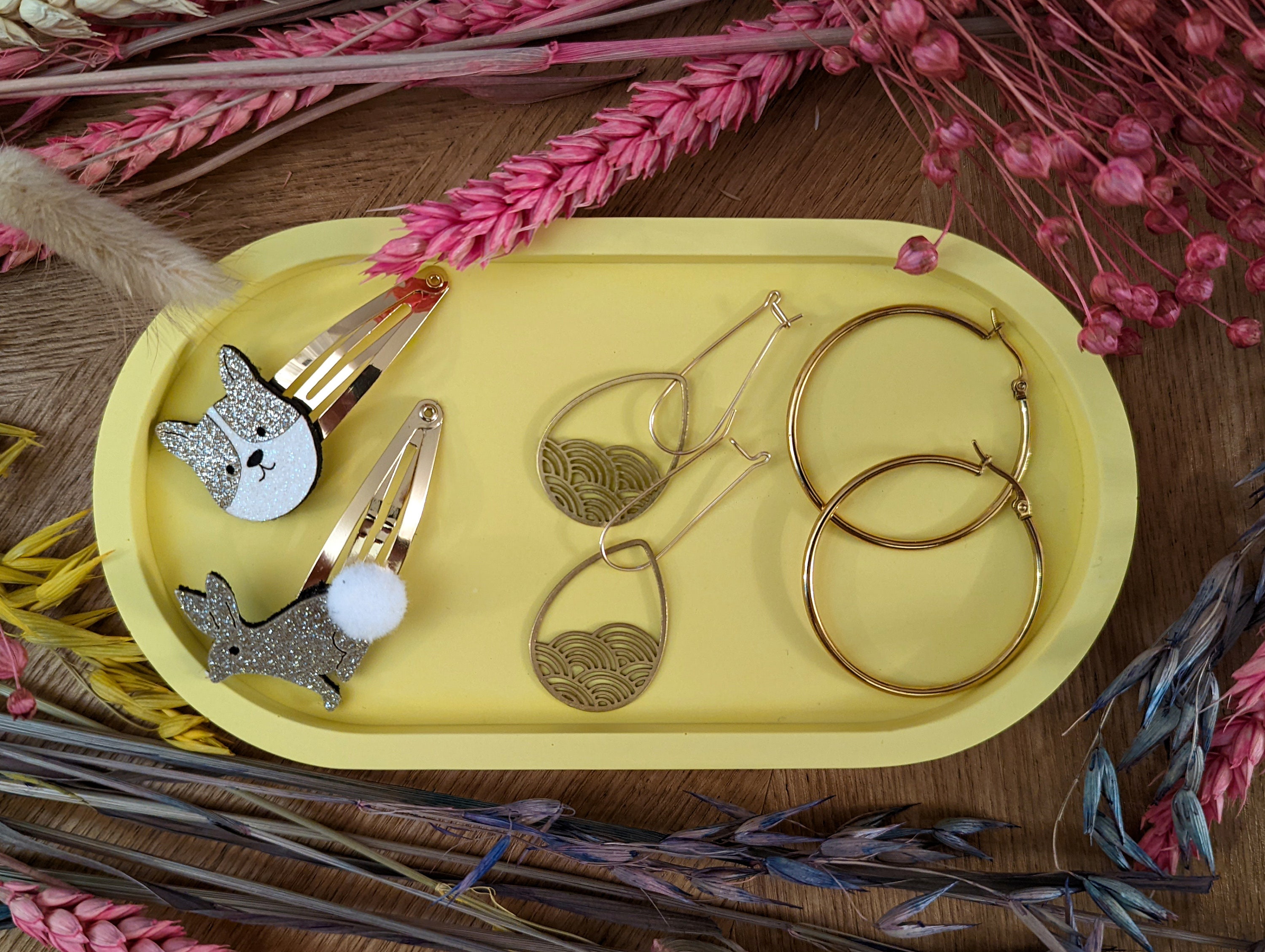 Plateau à Bijoux/Vide Poche Plateau Décoratif, Fait La Main, Jaune Éclatant