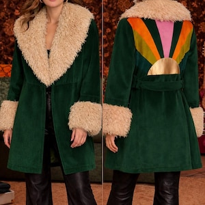 Dark Green Velvet Penny Lane Coat, 60s Style Fur Collar Trench, Boho Hippie Sun
