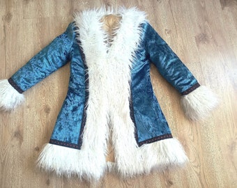 Vintage Style Penny Lane Coat, Blue Velvet Flower Emroidery Faux Fur Afghan Coat, Boho Groovy Fur Collar Coat, Velvet Handmade Afghan Coat