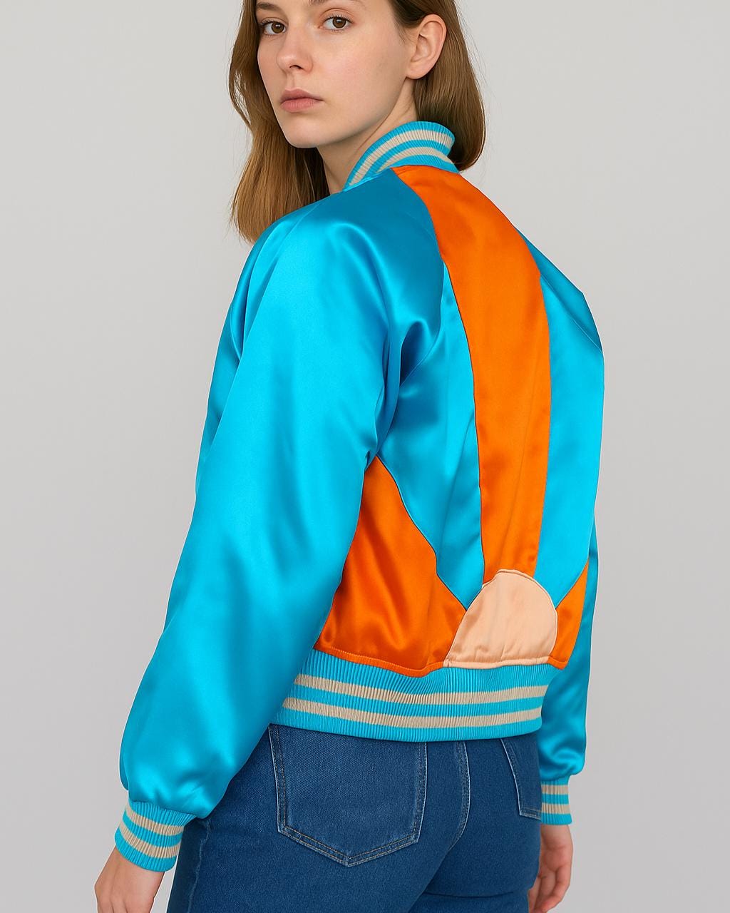 The Sun is Rising Embroidery Vintage Inspired Glam 70s Bomber Jacket, Blue And Orange Sun Bomber