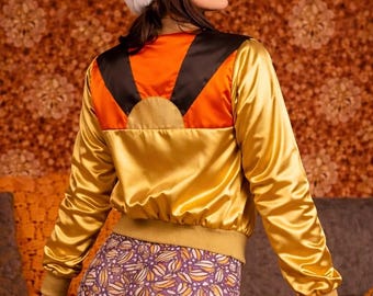 The Sun is Rising Vintage Inspired Glam 70s Satin Bomber Gold Jacket