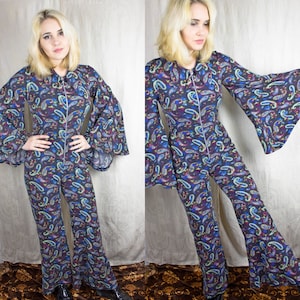 Flared Vintage Style 60s Paisley Fabric Handmade Romper, Purple Flower Warm Bell Sleeves Hippie 70s Groovy Romper