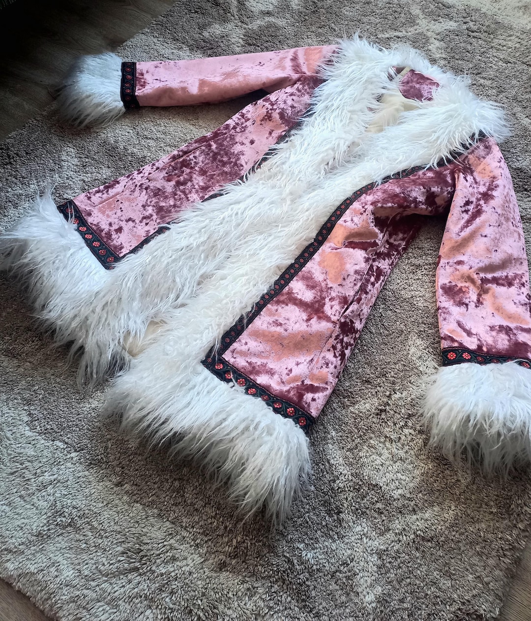 Vintage Style Penny Lane Coat, Pink Crushed Velvet Faux Fur