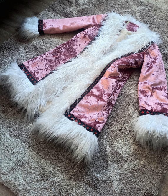 Vintage Style Penny Lane Coat, Pink Crushed Velvet Faux Fur Afghan - Main Image
