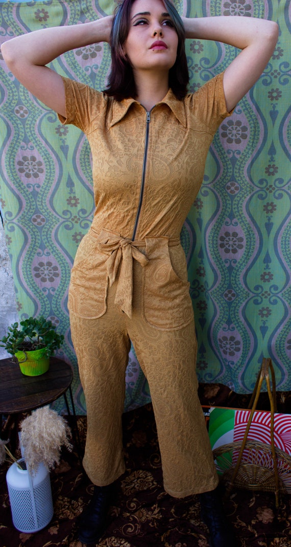 Textured Golden Romper Golden Beige 70s Style Jumpsuit Flared