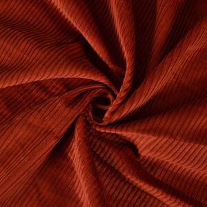 May include: Close-up of a rust-colored corduroy fabric. The fabric is folded and draped, showcasing the ribbed texture and rich color. The material appears soft and has a slight sheen, suggesting a high-quality textile.