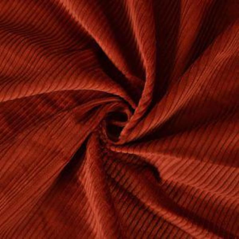 May include: Close-up of a rust-colored corduroy fabric. The fabric is folded and draped, showcasing the ribbed texture and rich color. The material appears soft and has a slight sheen, suggesting a high-quality textile.