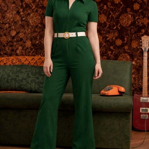 半袖ブラウンヴィンテージスタイル60年代ハンドメイドロンパース、コットンロンパース、ダークグリーン70年代グルーヴィーカラーロンパース