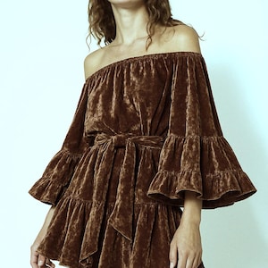 Brown Crushed Velvet Dress, 70s Inspired Groovy Dress