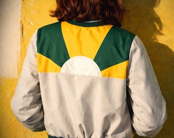 The Sun is Rising Vintage Inspired 70s Cotton Waterproof Beige And Yellow Bomber Jacket