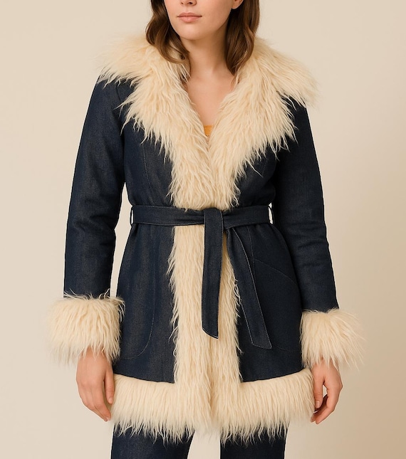 Vintage Style Penny Lane Denim Coat, Blue Denim 70s Style Big Faux