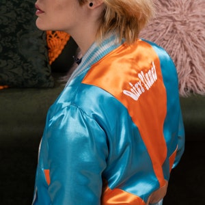 The Sun is Rising Embroidery Vintage Inspired Glam 70s Bomber Jacket, Blue And Orange Sun Bomber image 2