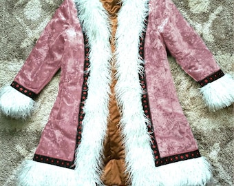 Vintage Style Penny Lane Coat, Dust Pink Velvet Flower Emroidery Faux Fur Afghan Coat, Boho Groovy Fur Collar Coat, Handmade Afghan Coat