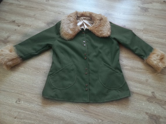 70s Faux Suede Fur Collar Coat, Green Penny Lane Jacket