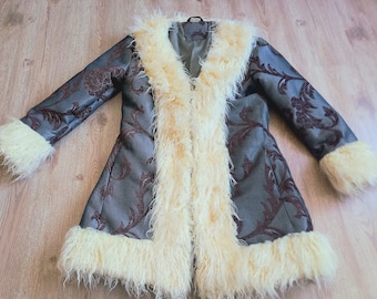 Vintage Style Groovy Penny Lane Coat, Vegan Afghan Style Gray  Brown Flower Tapestry Coat, Hippie Fur Flower Coat, Magic Penny Lane Coat