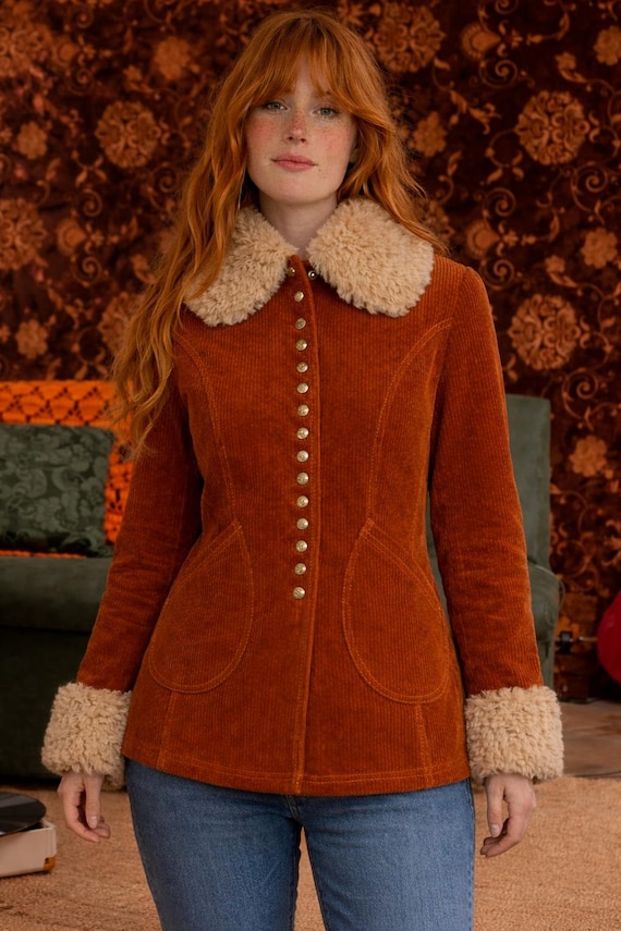 Rust Corduroy Jacket Women | 70s Vintage Style Coat | Faux Fur Collar Coat | Retro Button Front Jacket | Cozy Fall Winter Outerwear
