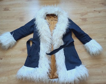 Vintage Style Penny Lane Denim Coat, Blue Denim 70s Style Big Faux Fur CollarAfghan Coat, Boho Groovy Fur Collar Coat