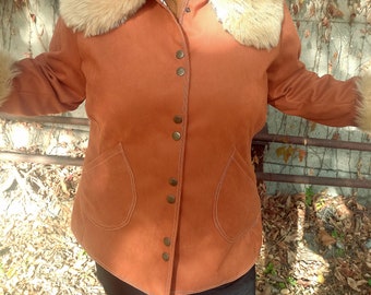 Vintage Look Faux Suede 70s Fur Collar Jacket, Penny Lane Coat, Burnt Orange Suede Fur Collar Coat