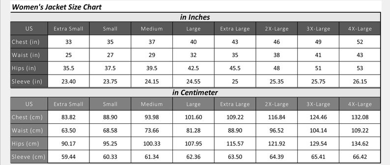 Op de afbeelding: Een tabel met de maten van damesjassen in inches en centimeters. De tabel bevat maten voor borst, taille, heupen en mouwlengte. De maten vari&euml;ren van extra klein tot 4XL.