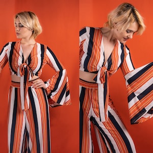 60s Stripe Bell Sleeve Tie Top and Flared Legs Trousers Set, Orange and White Stripes Vintage Style Bell Sleeves Top Set