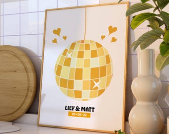 Personalised Disco Ball Download Print | Retro Couple Names, Date (Digital Download)