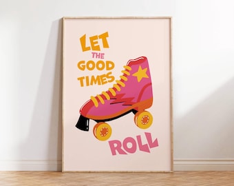 Lámina retro de patines / Arte mural rosa estilo años 70 (Descarga digital)