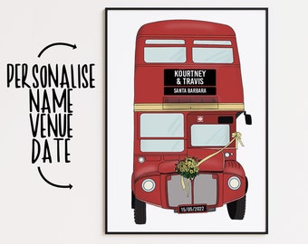 Personalised London Bus Wedding Print, Custom Venue & Date Art Gift for Couple