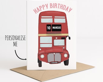 Personalised London Bus Birthday Card | Custom Name & Age
