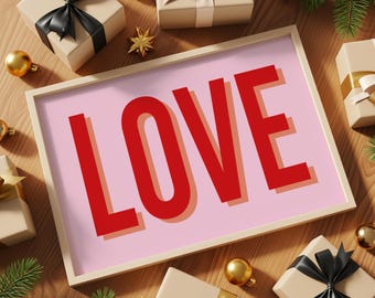 LOVE Typography Print | Bold Red, Pink Bedroom Art (Digital Download)