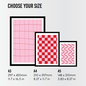 May include: Three different sizes of printable art prints with geometric patterns in pink and red. The sizes are A3, A4, and A5. The measurements are listed in inches and millimeters.