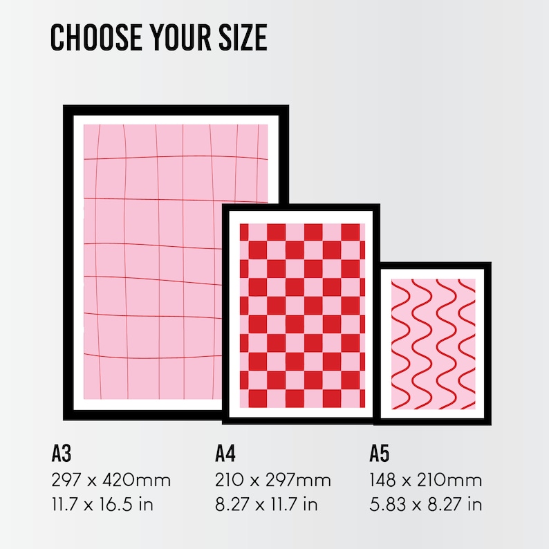 May include: Three different sizes of printable art prints with geometric patterns in pink and red. The sizes are A3, A4, and A5. The measurements are listed in inches and millimeters.