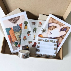 Conjunto de papelaria Livros e Plantas (washi, adesivos, bloco de notas, cartões)