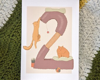 Cat 2nd Birthday Card, Illustrated Anniversary Greeting Card