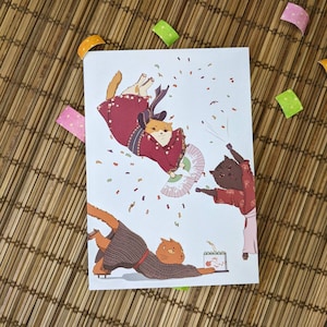 Cartão surpresa de aniversário de gatos desajeitados de quimono