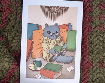 Reading winter cat greeting card
