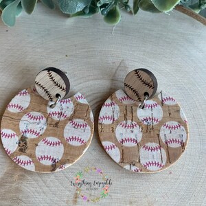 Baseball Earrings, Personalized Earrings, Cork Earrings, Faux Leather, Sports Earrings with Number, Wooden Earrings