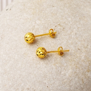 916 Gold Ball Earrings 6 mm, 22K Yellow Gold Ball Earrings 6 mm with Gold Push Backs, Faceted Cut Studs, Sleeper Earrings