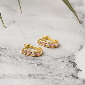 14K Solid Gold Baby Earrings, Colorful Cz Hoop Earrings For Childiren, Gold Tiny Stones Hoop Earrings, Best Gift Newborn