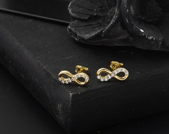 14K Gold Infinity Stud Earring, Infinity Zirconia Earring, Minimalist Earring, Eternity Jewelry, Gift Her