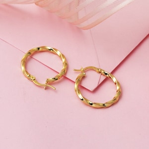 14K Yellow Gold Twisted Hoop Earrings, Gold Twist Chunky Hoops, Medium Hoop Earrings, Simple Everyday Hoops