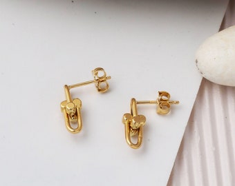 14K Gold Link Drop Earrings, Chunky Gold Chain Link Earrings, U-Shaped Earrings, Paperclip Earrings, Chunky Earrings