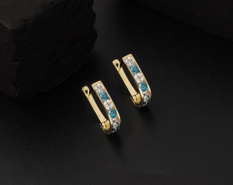 14K Solid Gold Blue Cz Baby Earrings, Gold Cubic Zirconia Clicker Earrings, Girls Kids Small Earrings, Perfect Gift Toddlers