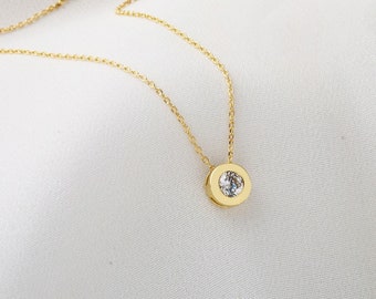 14K Gold Solitaire Necklace, Layering Gold Necklace, Single Stone Necklace, Gold Necklace with Round CZ Stone, Birthday Gift