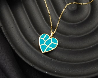 Gold Heart Enamel Pendant, Solid Gold Blue Enamel Heart Choker Necklace, Enamel Heart Jewelry, Valentine Girlfriend Gift